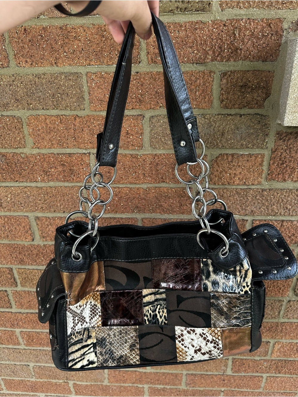 Black Patchwork Chain-Handle Shoulder Bag